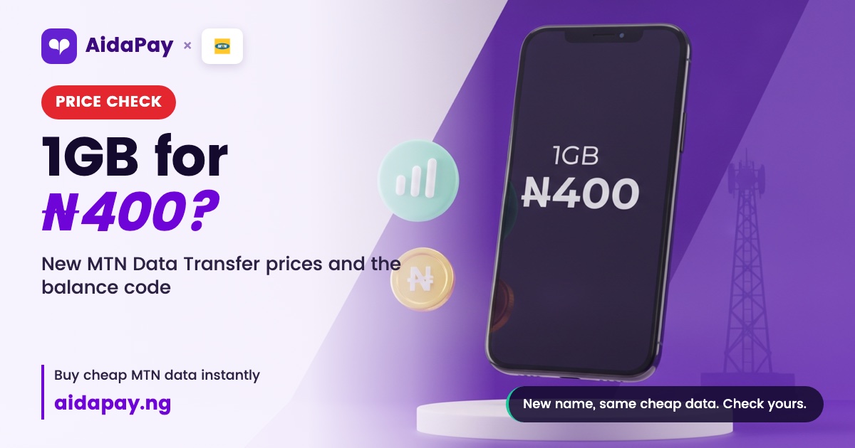 3D illustration of a smartphone screen reading 1GB ₦400, for MTN's new Data Transfer pricing
