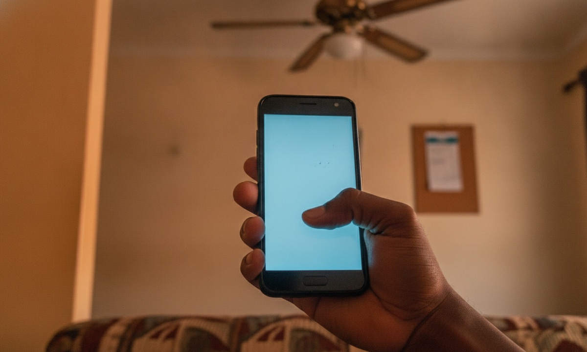 A hand holding a smartphone with the dialler open, ready to dial *303# to borrow MTN airtime.