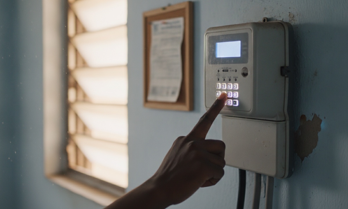 A hand enters a token on an IBEDC prepaid meter's keypad after installation, its small screen glowing.