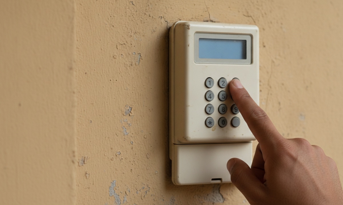 Close-up of fingers entering a long token into a prepaid electricity meter's keypad