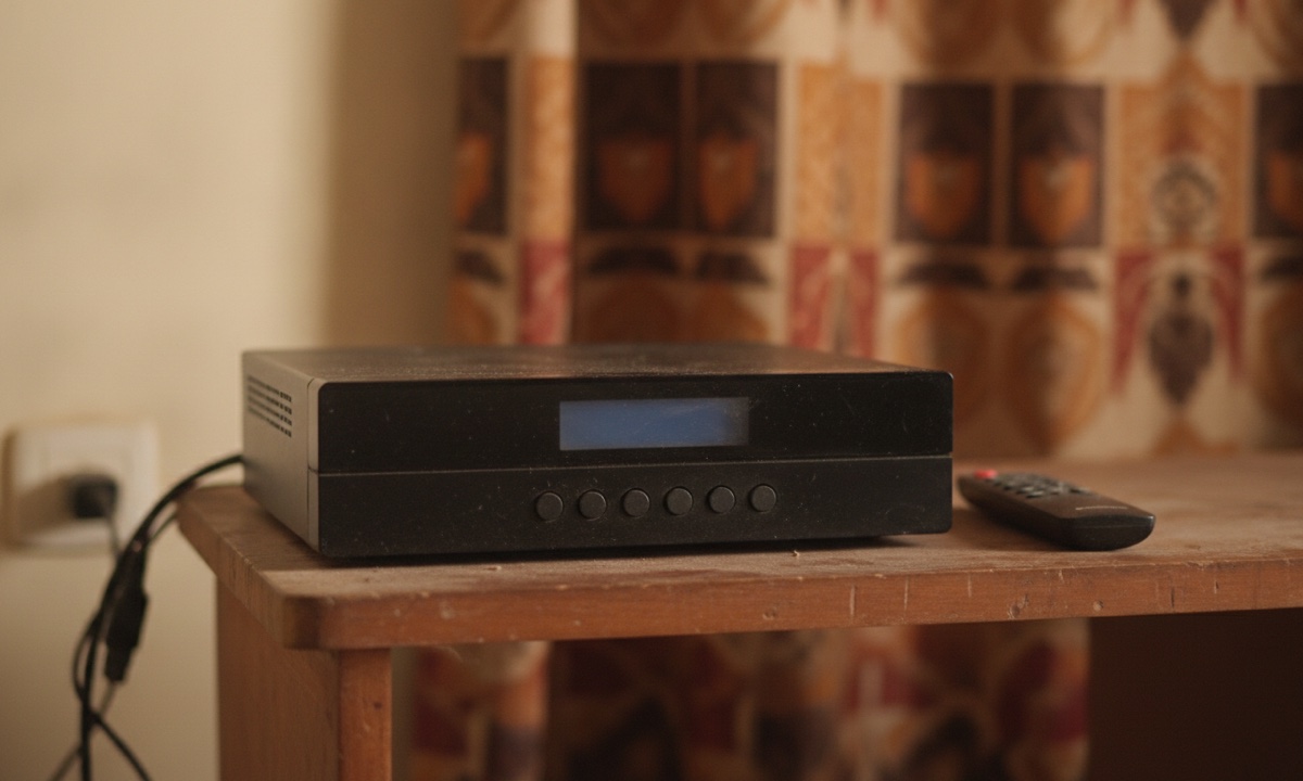 A satellite TV decoder and remote control on a TV stand in a Nigerian living room.