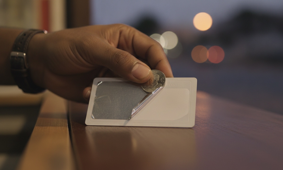 A hand scratching the silver panel off a prepaid recharge card with a coin