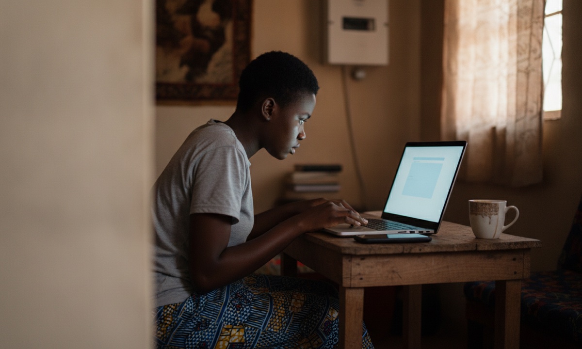 A student leans over a laptop at home, checking their JAMB CAPS admission status before the deadline.