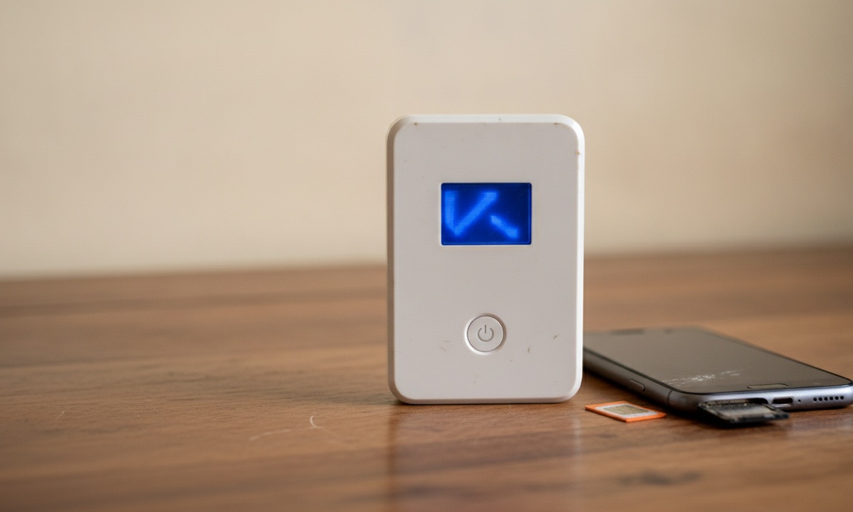 A portable Wi-Fi router and a phone with its SIM tray open on a table