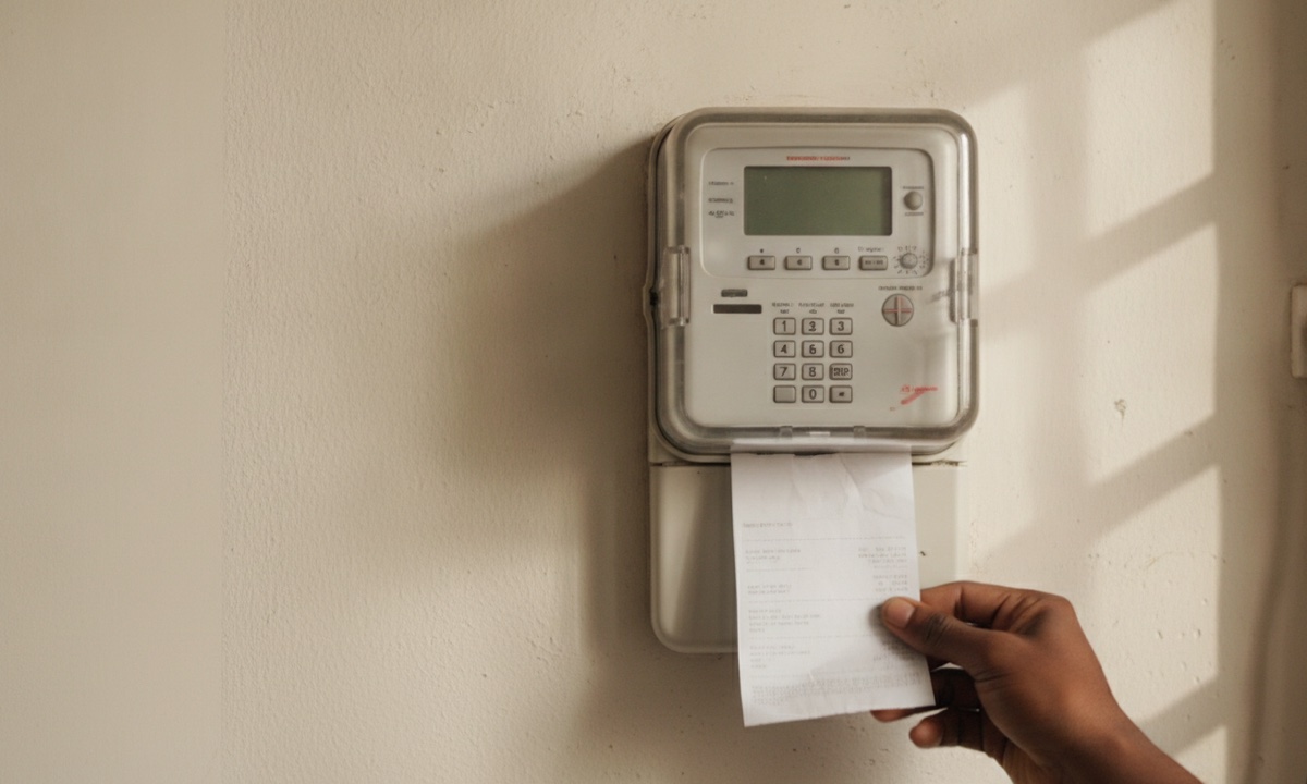 A wall-mounted IBEDC prepaid electricity meter with a hand holding a payment receipt below it