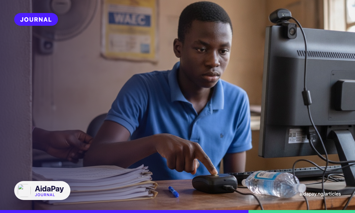 A candidate having fingerprints scanned beside a webcam during WAEC GCE registration at a business centre.