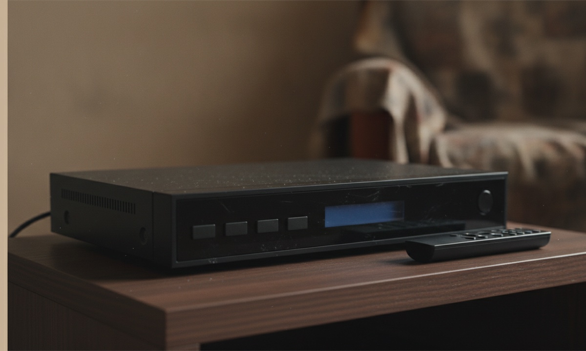 Photo of a satellite TV decoder and remote control on a TV stand, representing a DStv customer's setup.