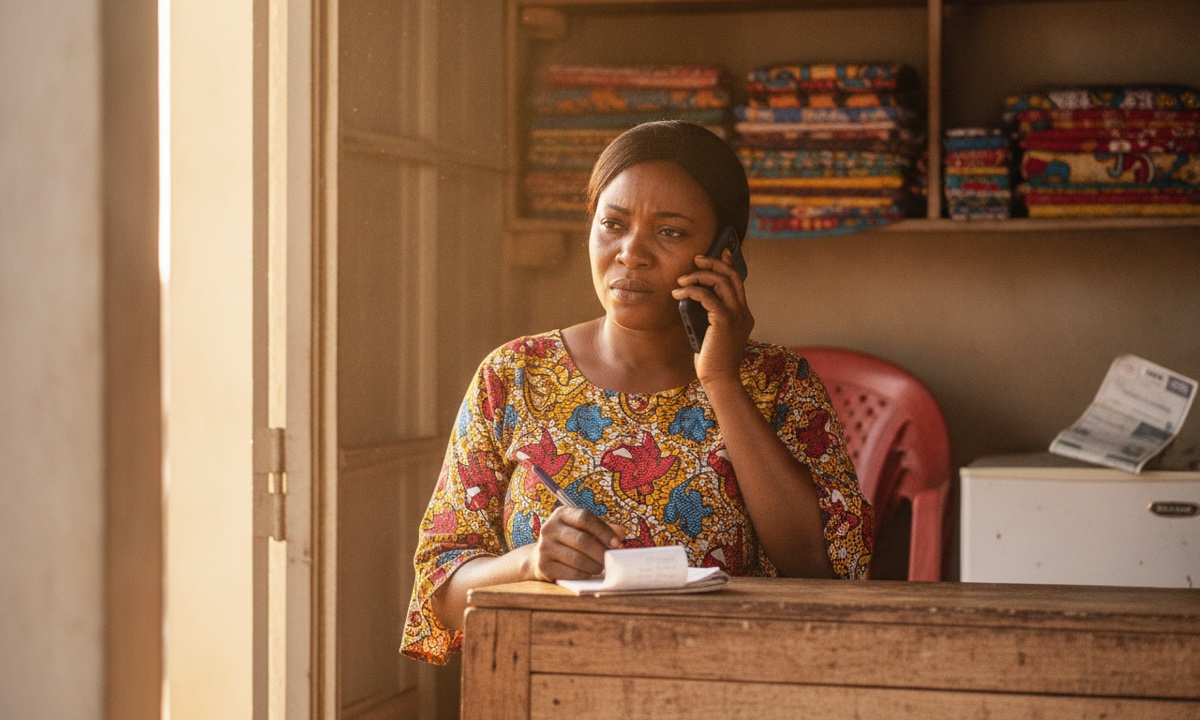 A fabric trader on a phone call while holding her receipt book at her home stall.