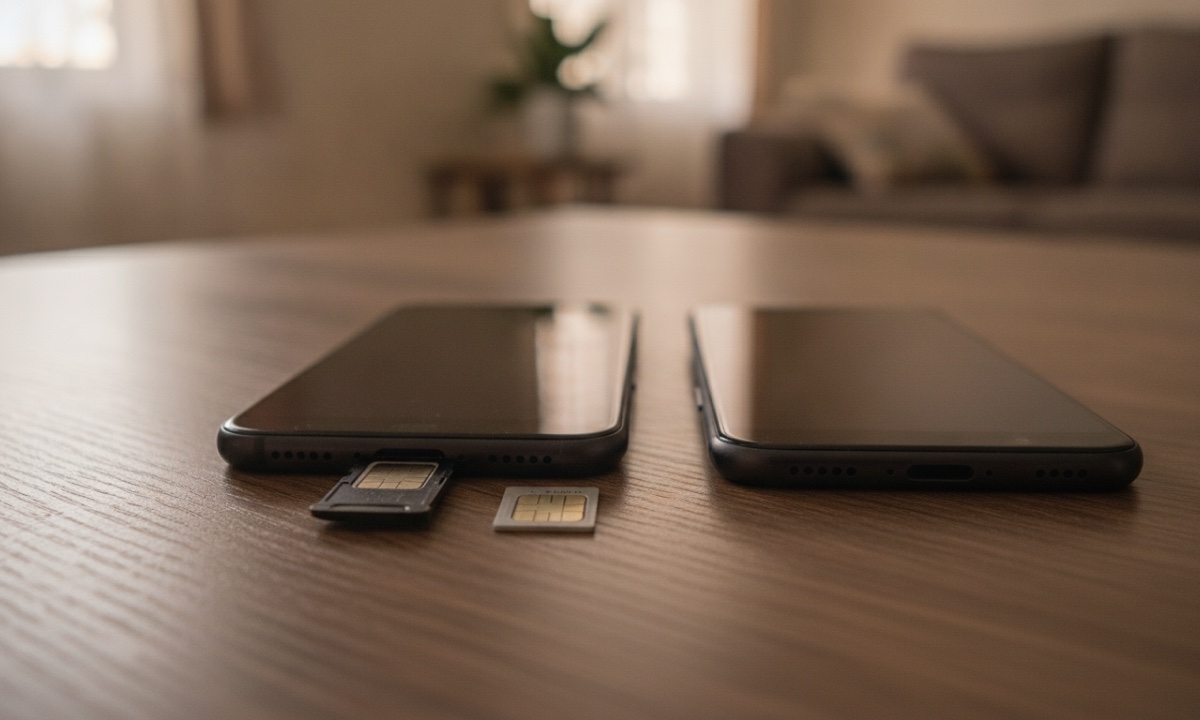 Two smartphones on a desk with a SIM card being moved from one phone's open tray to the other