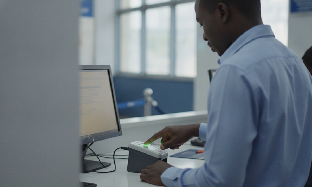 A bank customer places a finger on a fingerprint scanner at a branch counter during BVN registration.