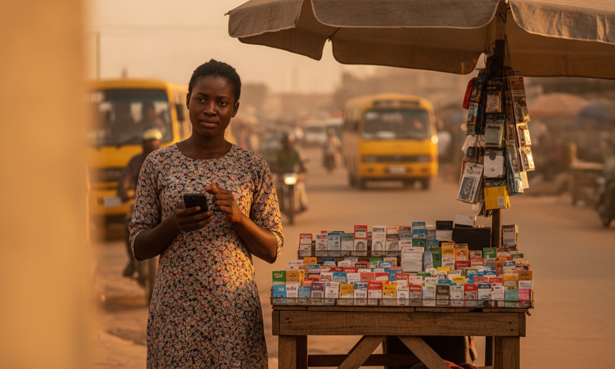 A woman at a Lagos market stand checks her phone cautiously before sending airtime to a buyer, illustrating scam caution.