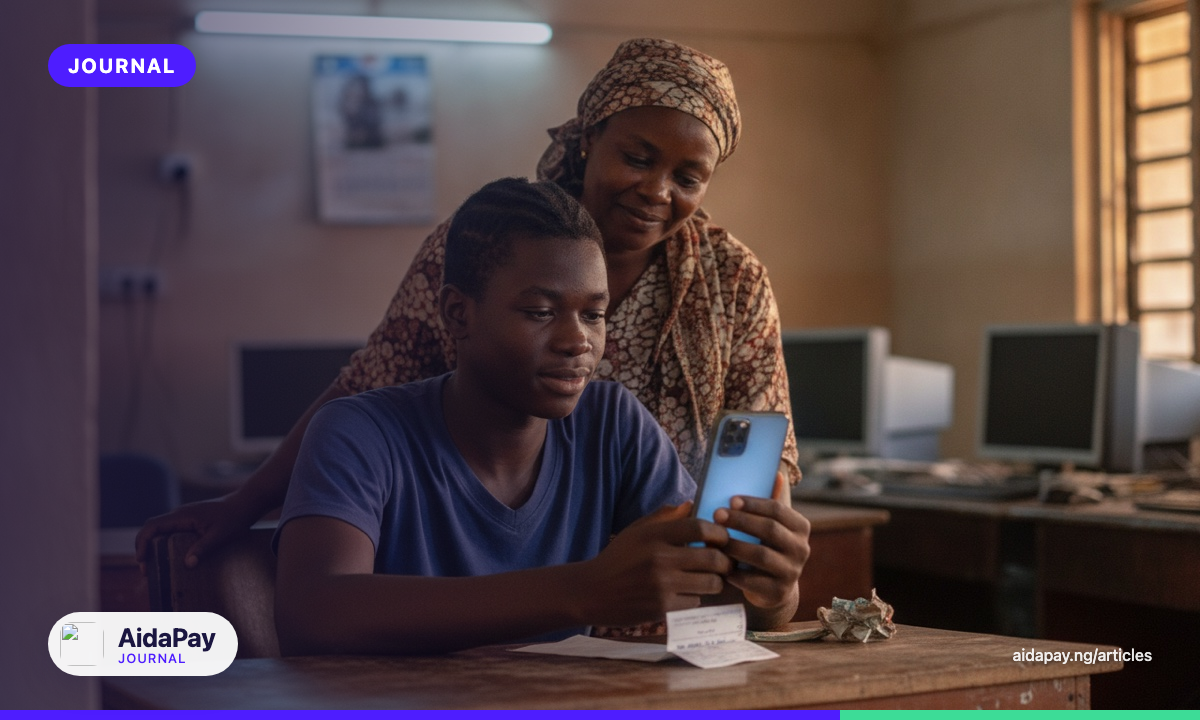 A student and parent checking a NECO exam result on a smartphone at a cyber café.