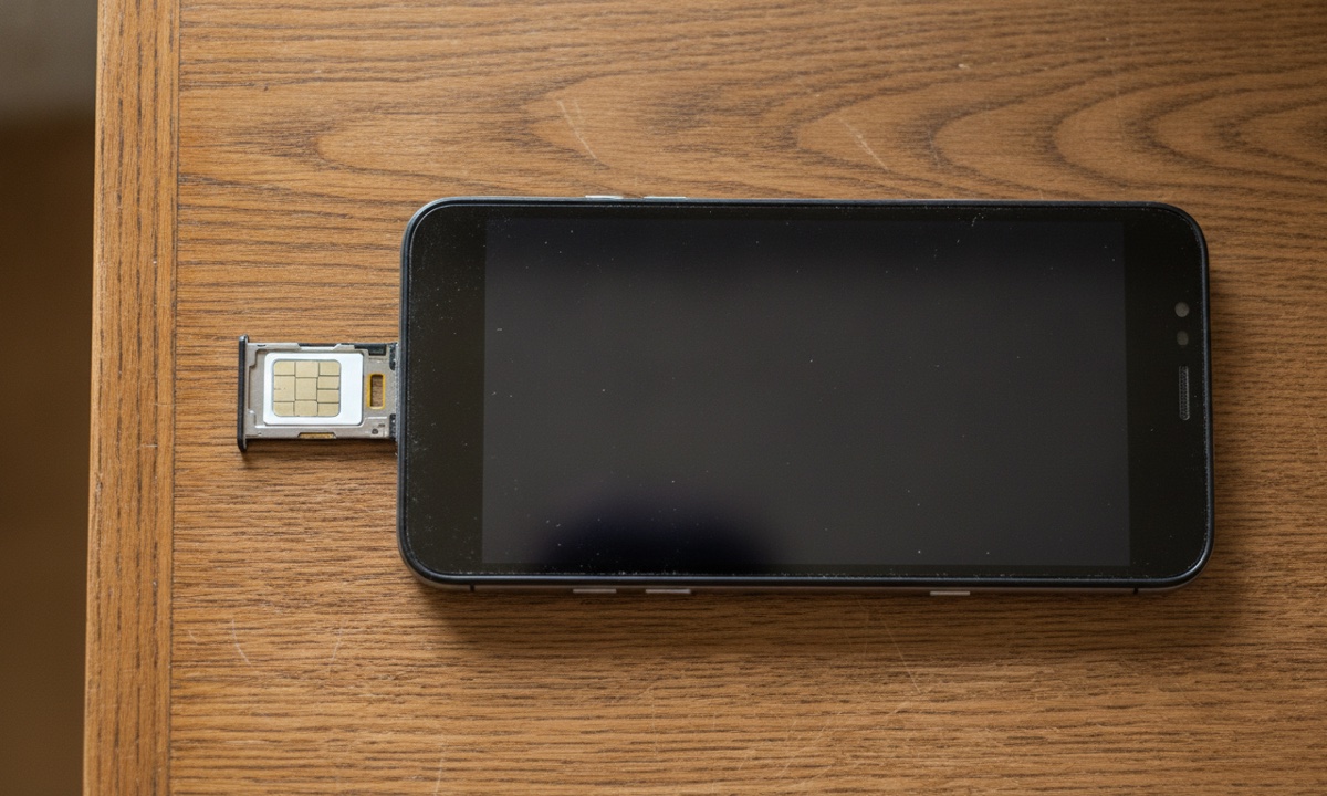 A smartphone with its SIM tray ejected beside an unbranded SIM card, representing sending data to another network.