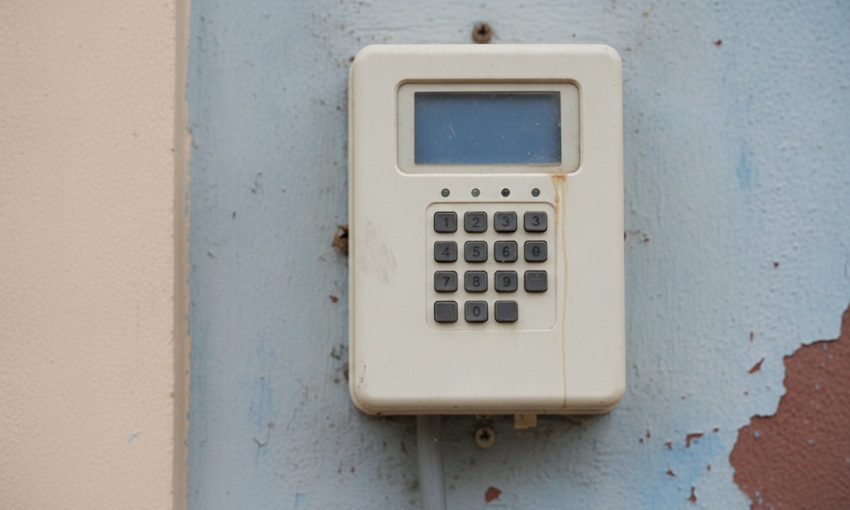 A wall-mounted prepaid electricity meter with its display dim, keypad ready for a token to be entered