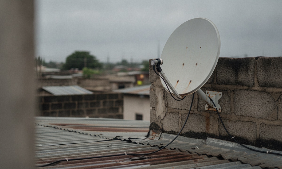 A satellite dish and its cable connector on a rooftop after rain