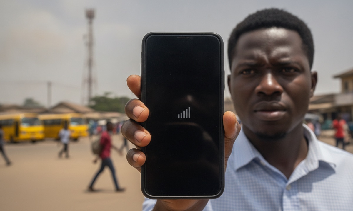 A Lagos resident holding up a smartphone with no signal during the MTN network outage on 8 October.
