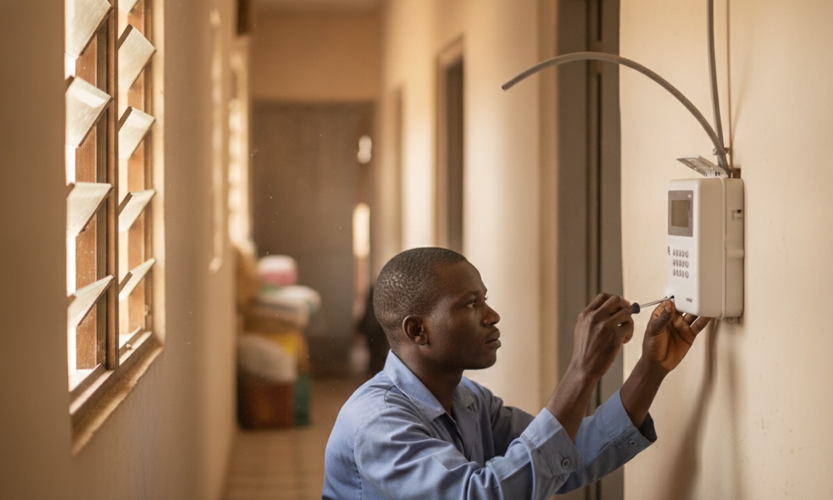 A technician mounting a prepaid electricity meter on a home wall in Nigeria.