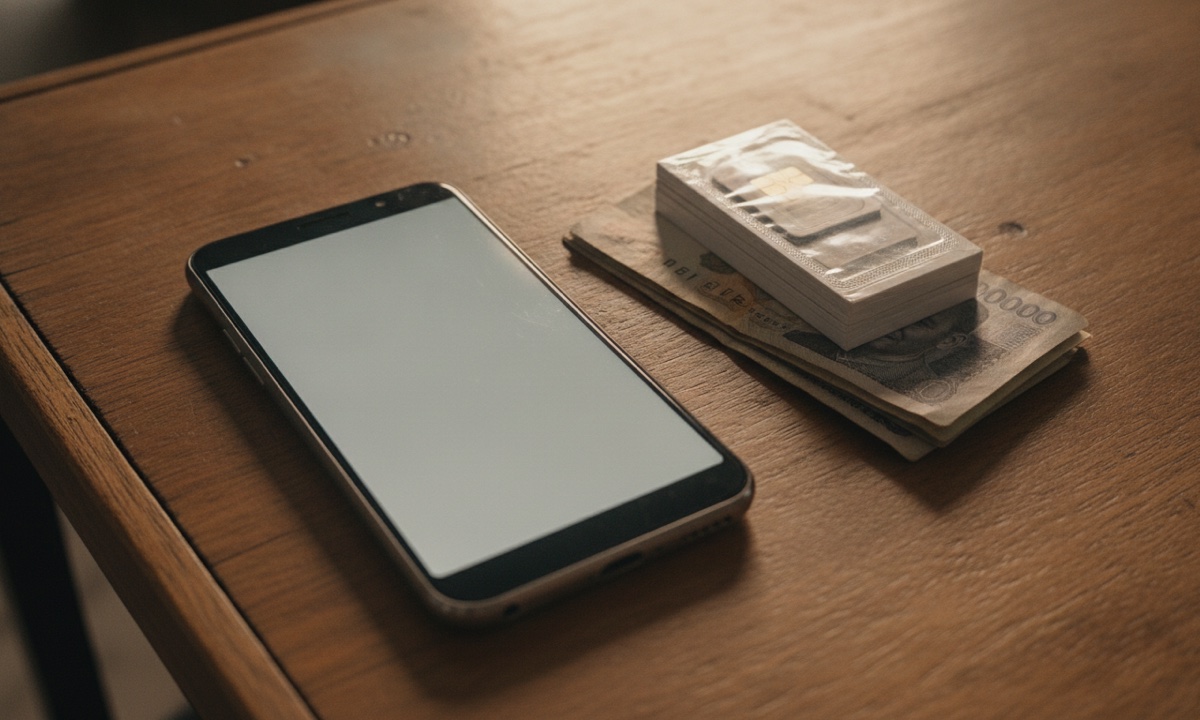 Photo of a smartphone and small stack of SIM card packs on a wooden desk, representing a basic data reselling setup