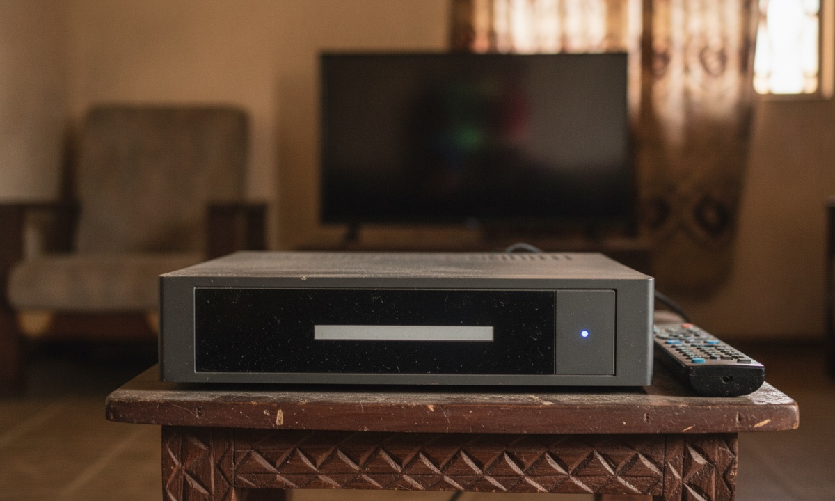 A satellite TV decoder box on a TV stand in a Nigerian living room, used for DStv subscriptions.