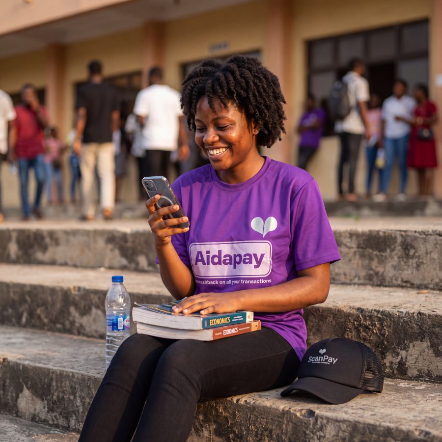 A student using AidaPay on her phone between lectures